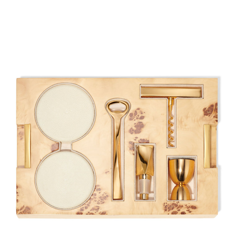 Cream Faux Shagreen Bar Tool Set with Brass Accents