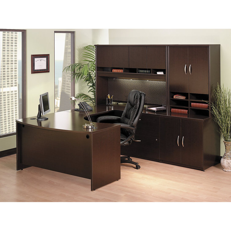 Executive Mocha Cherry L-Shaped Desk with Filing Cabinet and Keyboard Tray
