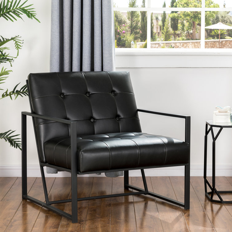 Modern Black Faux Leather Barrel Accent Chair with Metal Frame