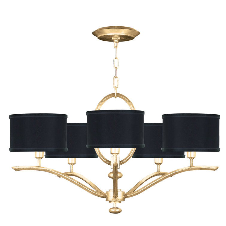 Elegante Gold Leaf 5-Light Chandelier with Black Crystal Shades