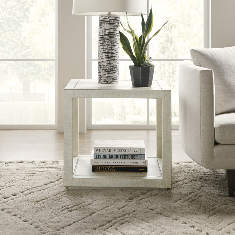 Cascade Cream Lacquered Burlap 26" Square Metal-Inlaid End Table
