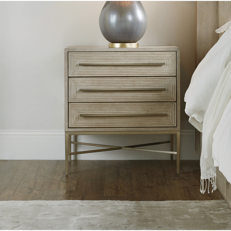 Transitional Beige 3-Drawer Nightstand with Striped Border