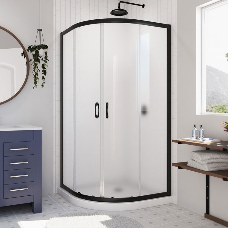 Prime 33" Matte Black and Frosted Glass Sliding Shower Enclosure with White Base