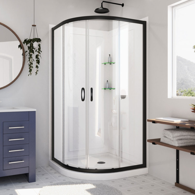 Prime 36" Matte Black Semi-Frameless Sliding Shower Enclosure with Base