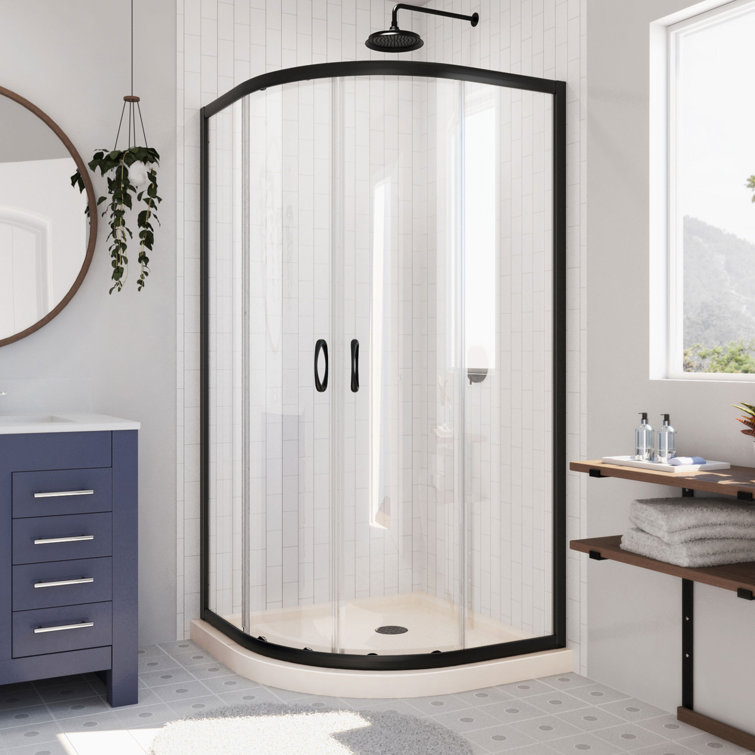 Prime 38" Matte Black and Clear Glass Round Shower Enclosure with White Base