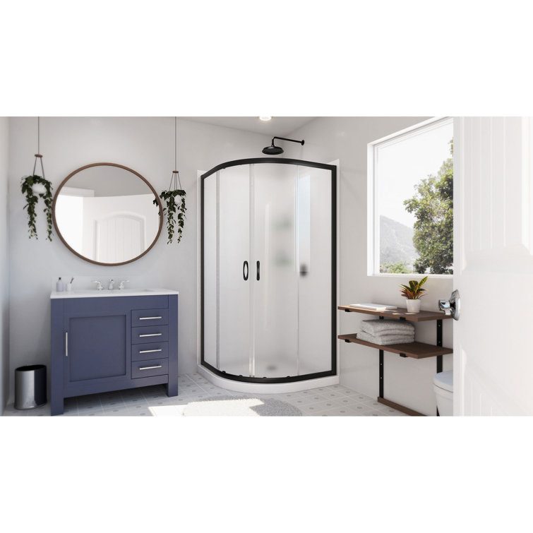 Prime 33" Matte Black Round Sliding Shower Enclosure with Frosted Glass