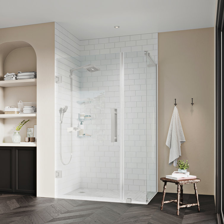 Tampa-Pro 33" Satin Nickel Frameless Corner Shower Enclosure with Shelves