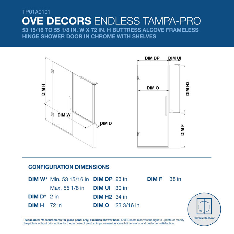 Tampa-Pro 55" x 72" Chrome Frameless Shower Kit with Shelves