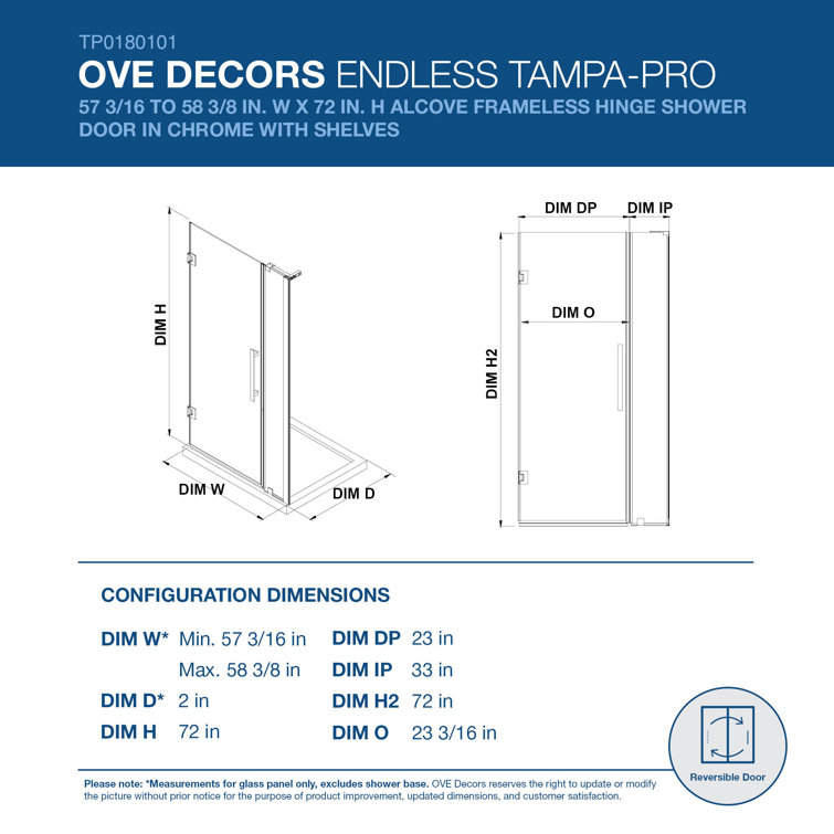 Tampa-Pro 58" x 72" Chrome Frameless Shower Kit with Shelves