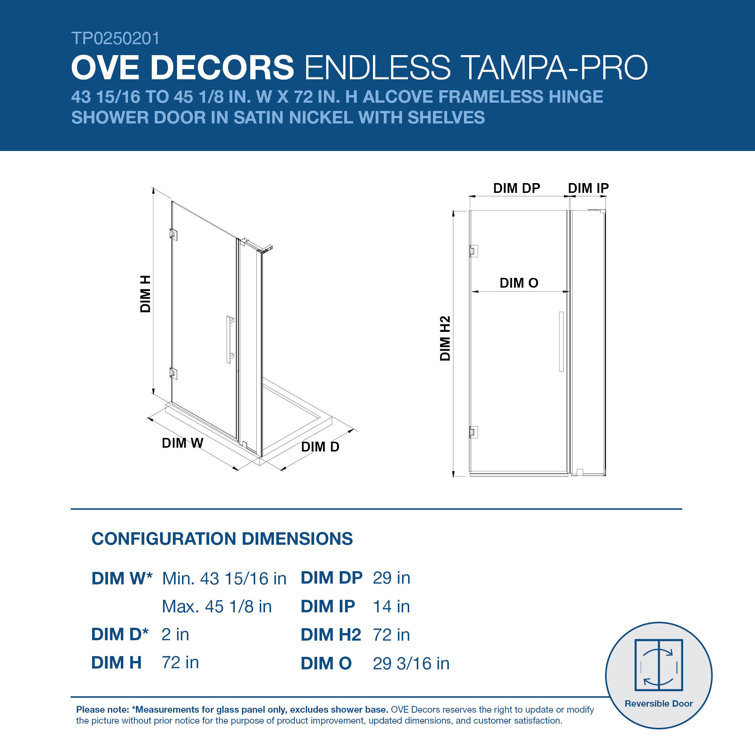 Tampa-Pro 45" Satin Nickel Frameless Shower Kit with Clear Glass Panels