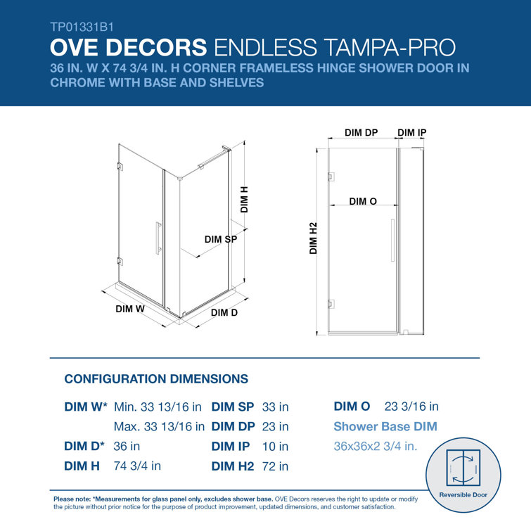 Tampa-Pro 36'' Chrome and Glass Frameless Shower Kit