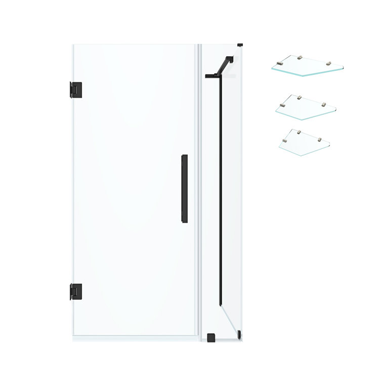 Black Tempered Glass Frameless Corner Shower Kit with Shelves
