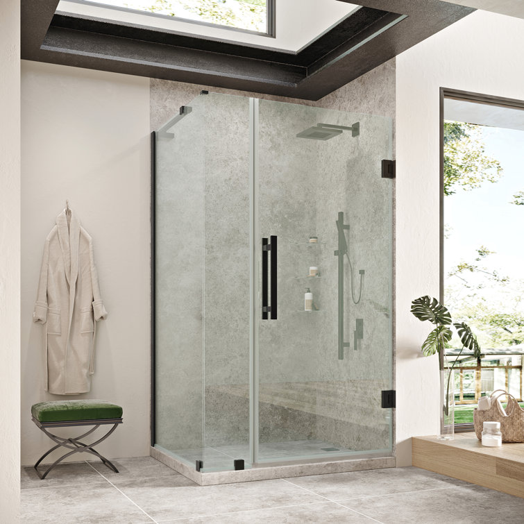 Black Tempered Glass Frameless Corner Shower Kit with Shelves