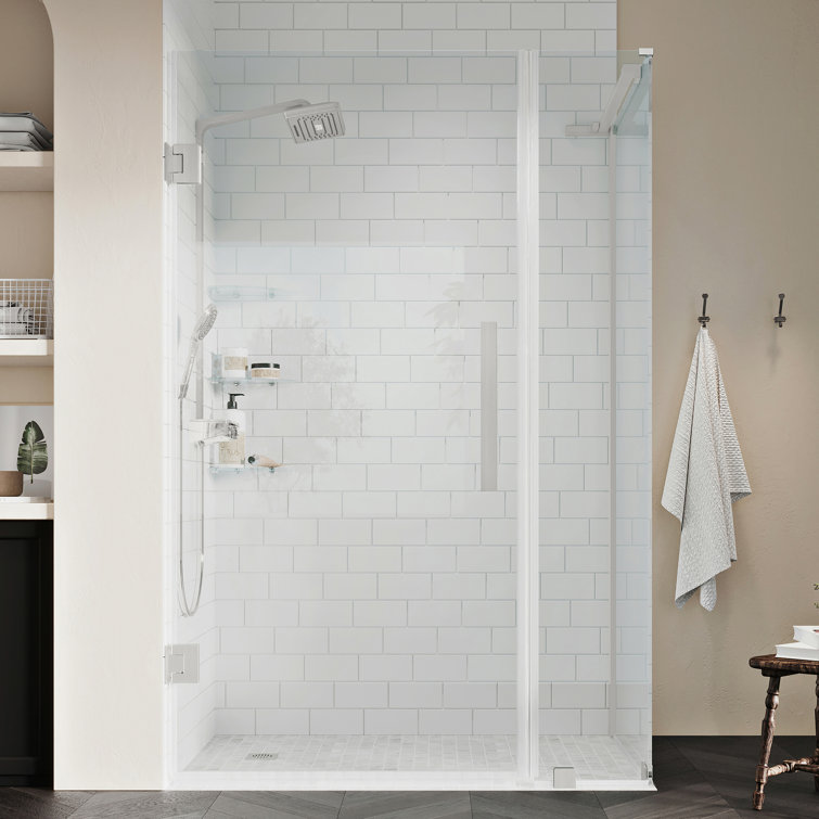 Tampa-Pro 33" Satin Nickel Frameless Corner Shower Enclosure with Shelves