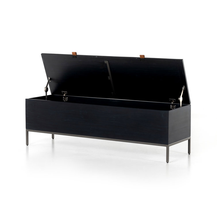 Modern Black Poplar Wood 58" Storage Bench with Leather Pulls