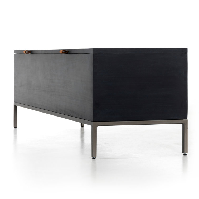Modern Black Poplar Wood 58" Storage Bench with Leather Pulls