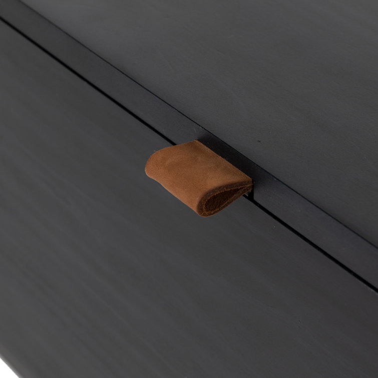 Modern Black Poplar Wood 58" Storage Bench with Leather Pulls