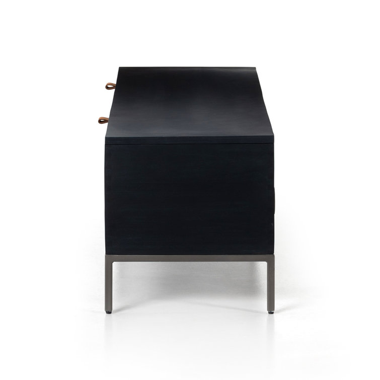 Modern Black Poplar Wood 58" Storage Bench with Leather Pulls