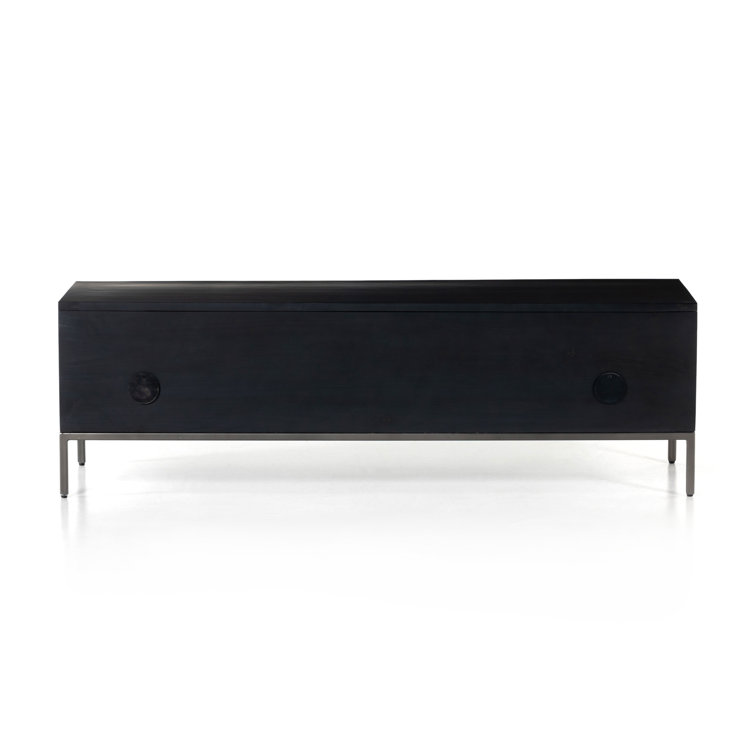 Modern Black Poplar Wood 58" Storage Bench with Leather Pulls