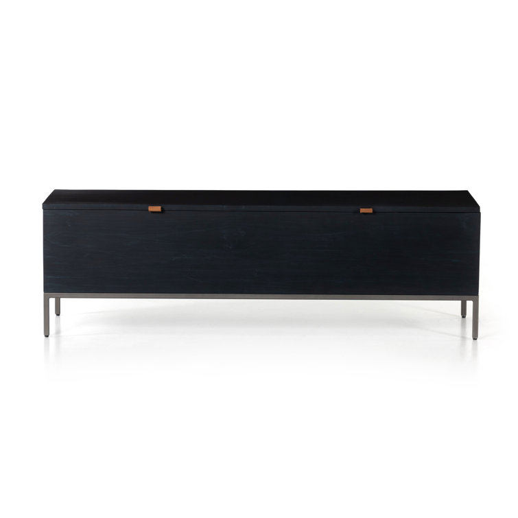 Modern Black Poplar Wood 58" Storage Bench with Leather Pulls