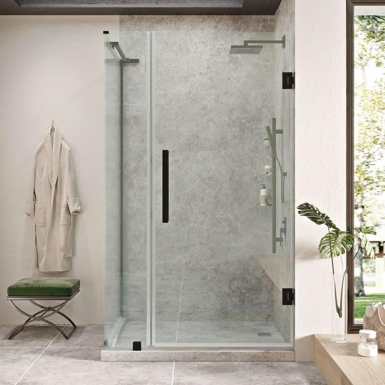 Black Tempered Glass Frameless Corner Shower Kit with Shelves