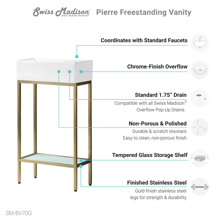 Pierre 19.5" Gold Metal Frame Freestanding Bathroom Vanity with Glass Shelf