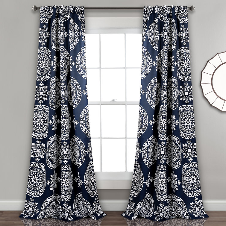 Navy and White Medallion Cotton Polyester Blackout Curtain Panels