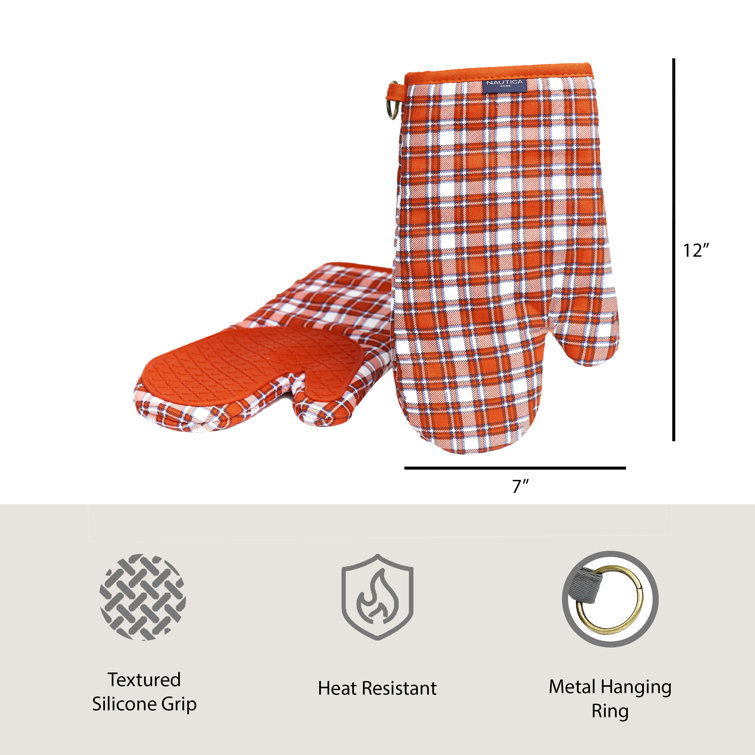 Red Plaid Cotton Oven Mitts with Silicone Palm, Set of 2