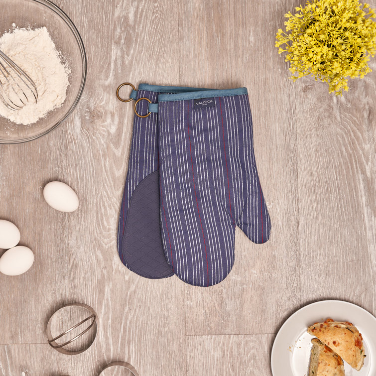 Navy Striped Cotton Oven Mitts with Silicone Palm