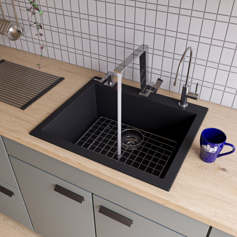 24'' Black Granite Single Bowl Drop-In Kitchen Sink