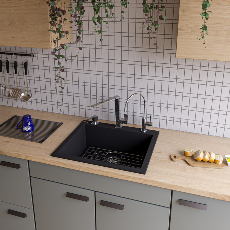 24'' Black Granite Single Bowl Drop-In Kitchen Sink