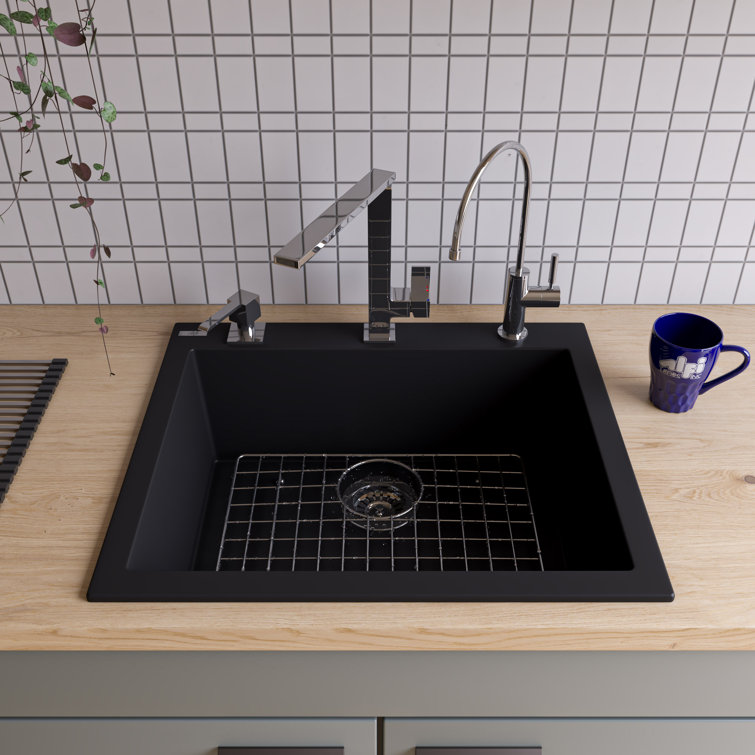 24'' Black Granite Single Bowl Drop-In Kitchen Sink