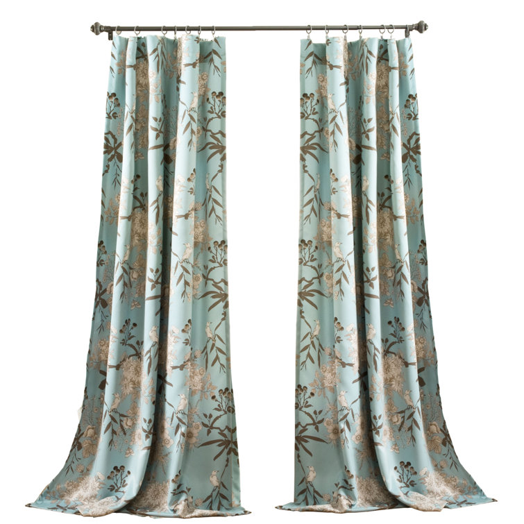 Blue Botanical Garden Polyester Room Darkening Curtain Pair