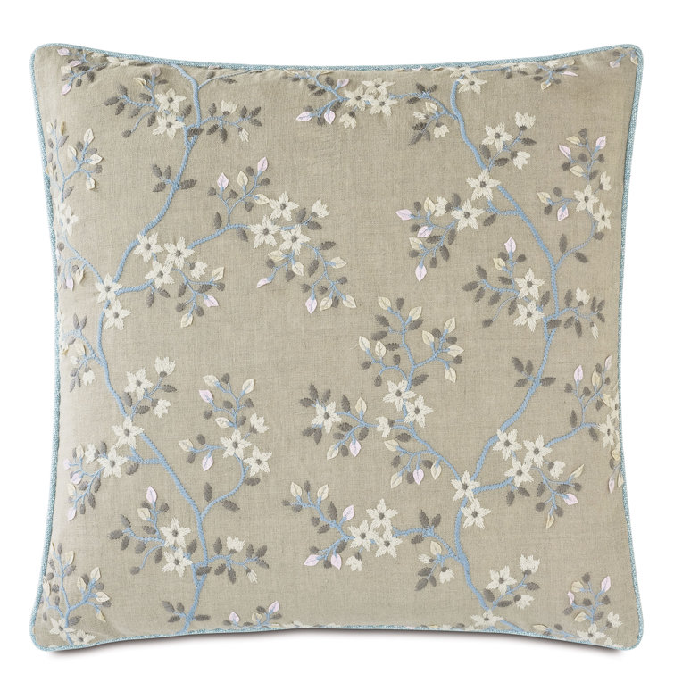 Amberlynn Beige Floral Embroidered Square Pillow Cover