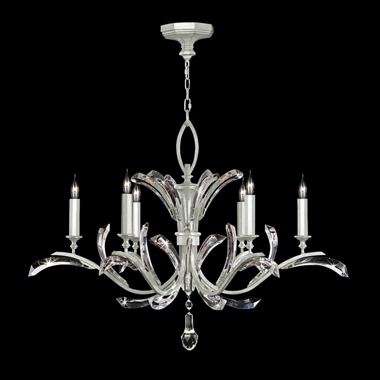 Elegant Silver Leaf 6-Light Chandelier with Arcing Beveled Crystals