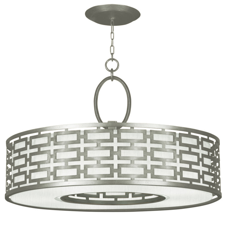 Allegretto 37" Silver Leaf Drum Pendant with White Linen Shade