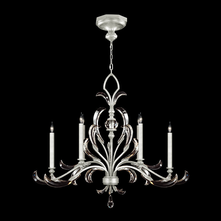 Elegant Silver Leaf 6-Light Chandelier with Arcing Beveled Crystals