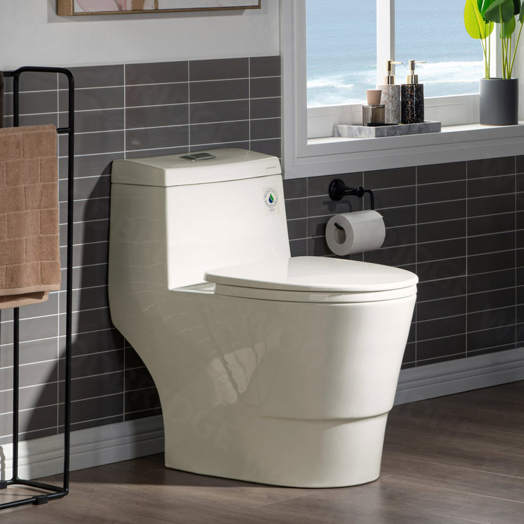 Biscuit Elongated One-Piece Dual Flush Toilet with Chrome Button