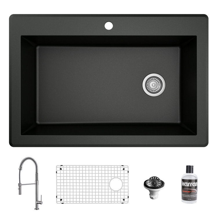 Karran Black Quartz 33'' Single Bowl Drop-In Kitchen Sink with Faucet