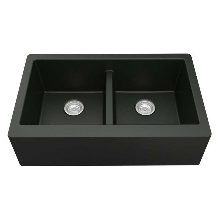 Matte Black Quartz 34'' Double Bowl Farmhouse Kitchen Sink with Stainless Steel Faucet
