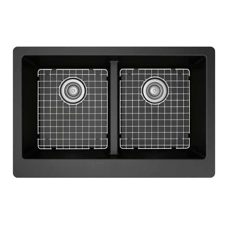 Matte Black Quartz 34'' Double Bowl Farmhouse Kitchen Sink with Stainless Steel Faucet