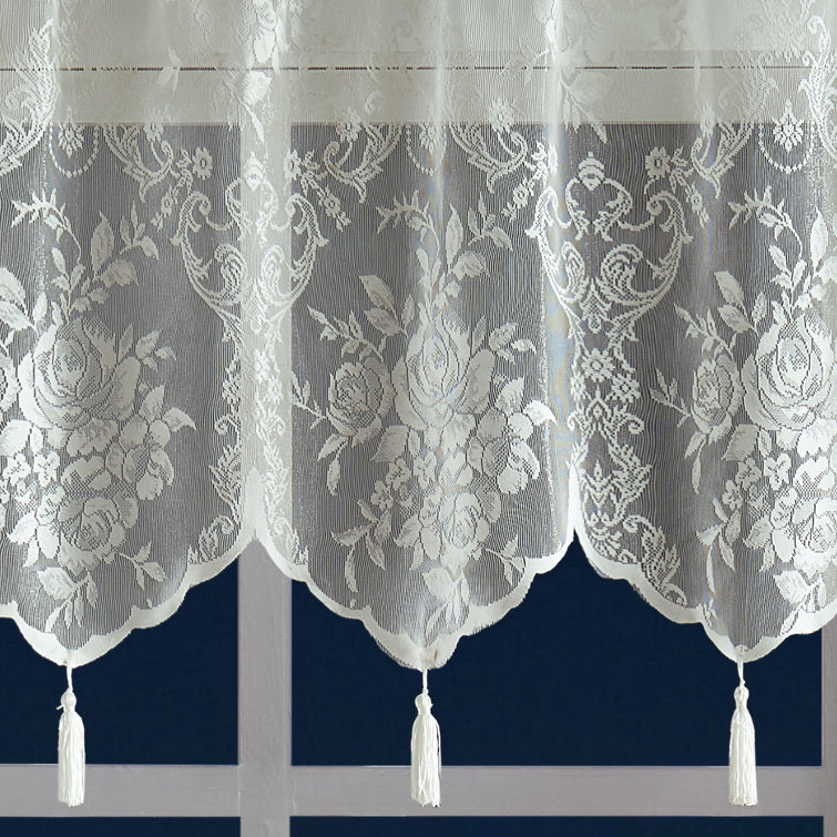Ivory Lace Curtain Panels with Valance and Tassels, 54" x 63"