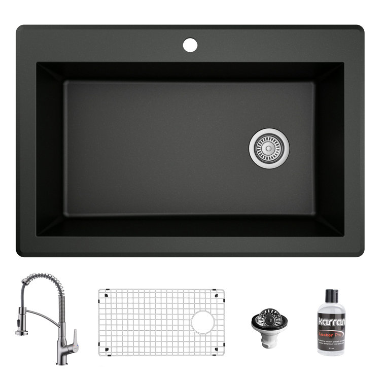 Karran Black Quartz 33'' Single Bowl Drop-In Kitchen Sink with Stainless Steel Faucet