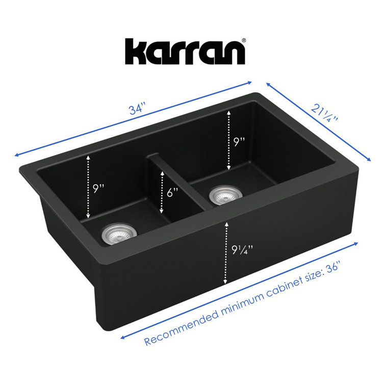 Matte Black Quartz 34'' Double Bowl Farmhouse Kitchen Sink with Stainless Steel Faucet