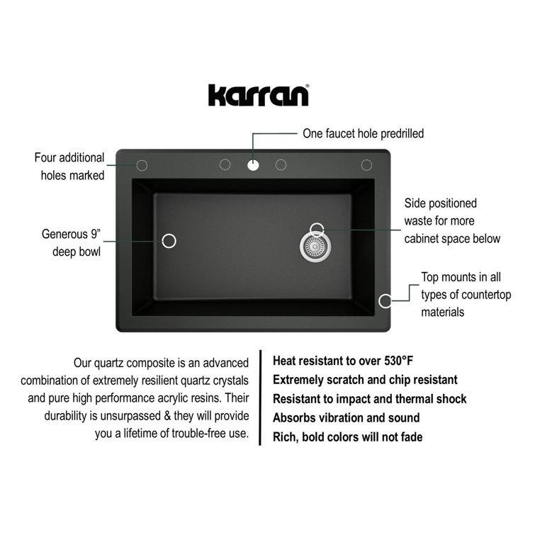 Karran Black Quartz 33'' Single Bowl Drop-In Kitchen Sink with Stainless Steel Faucet