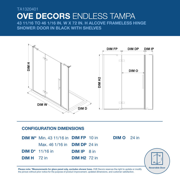 Tampa 46" x 72" Black Frameless Shower Kit with Shelves