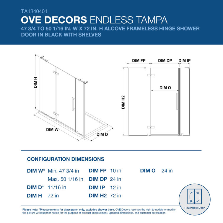 Tampa 72"H x 50"W Black Frameless Glass Shower Kit with Shelves
