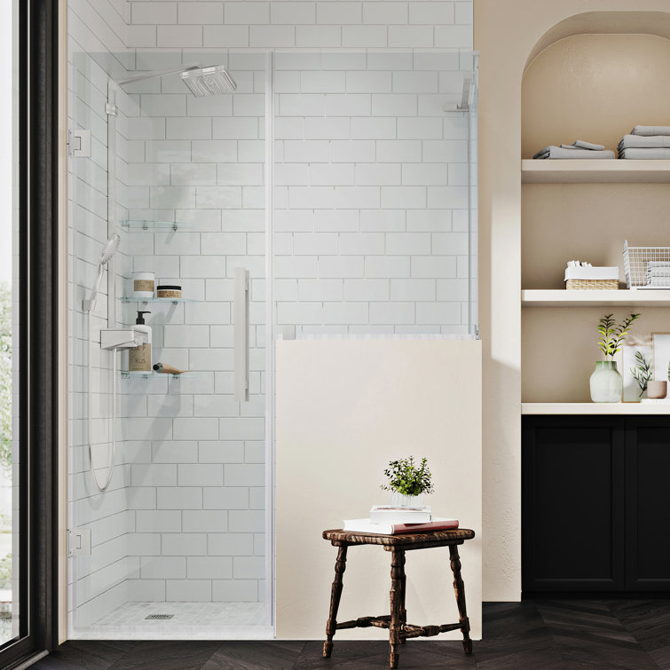 Satin Nickel Frameless Glass Corner Shower Kit with Shelves