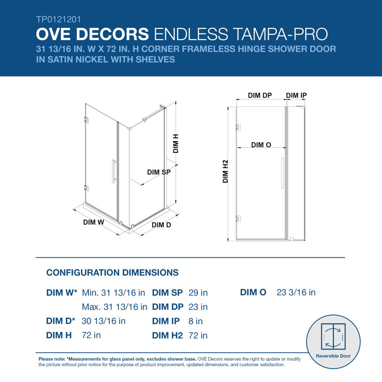 Satin Nickel Frameless Corner Shower Kit with Tempered Glass Panels