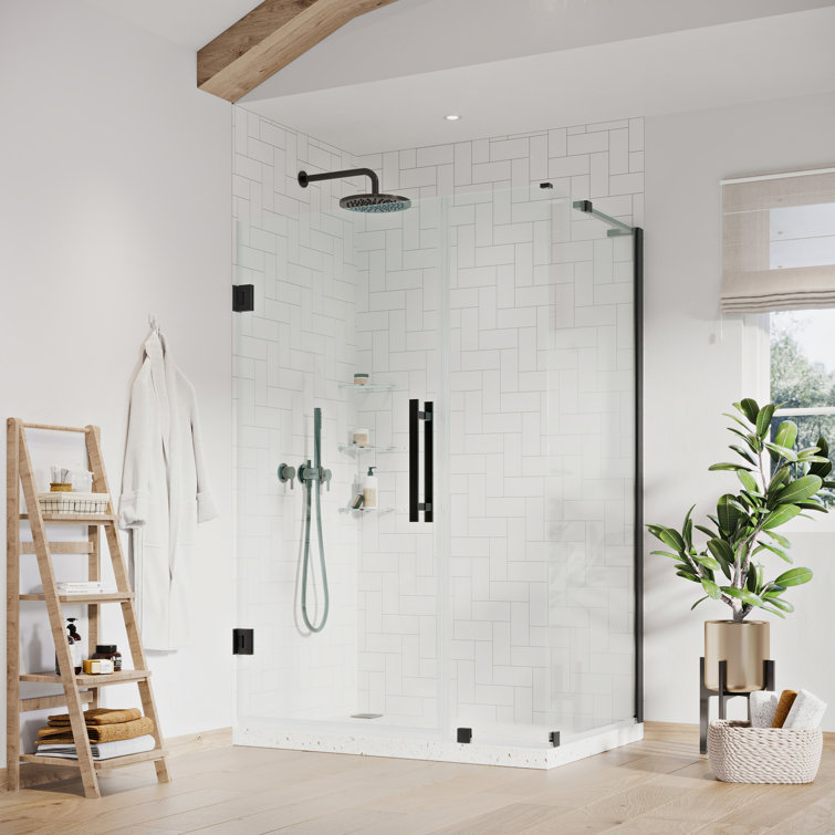 Black Frameless Corner Shower Kit with Tempered Glass Panels and Shelves